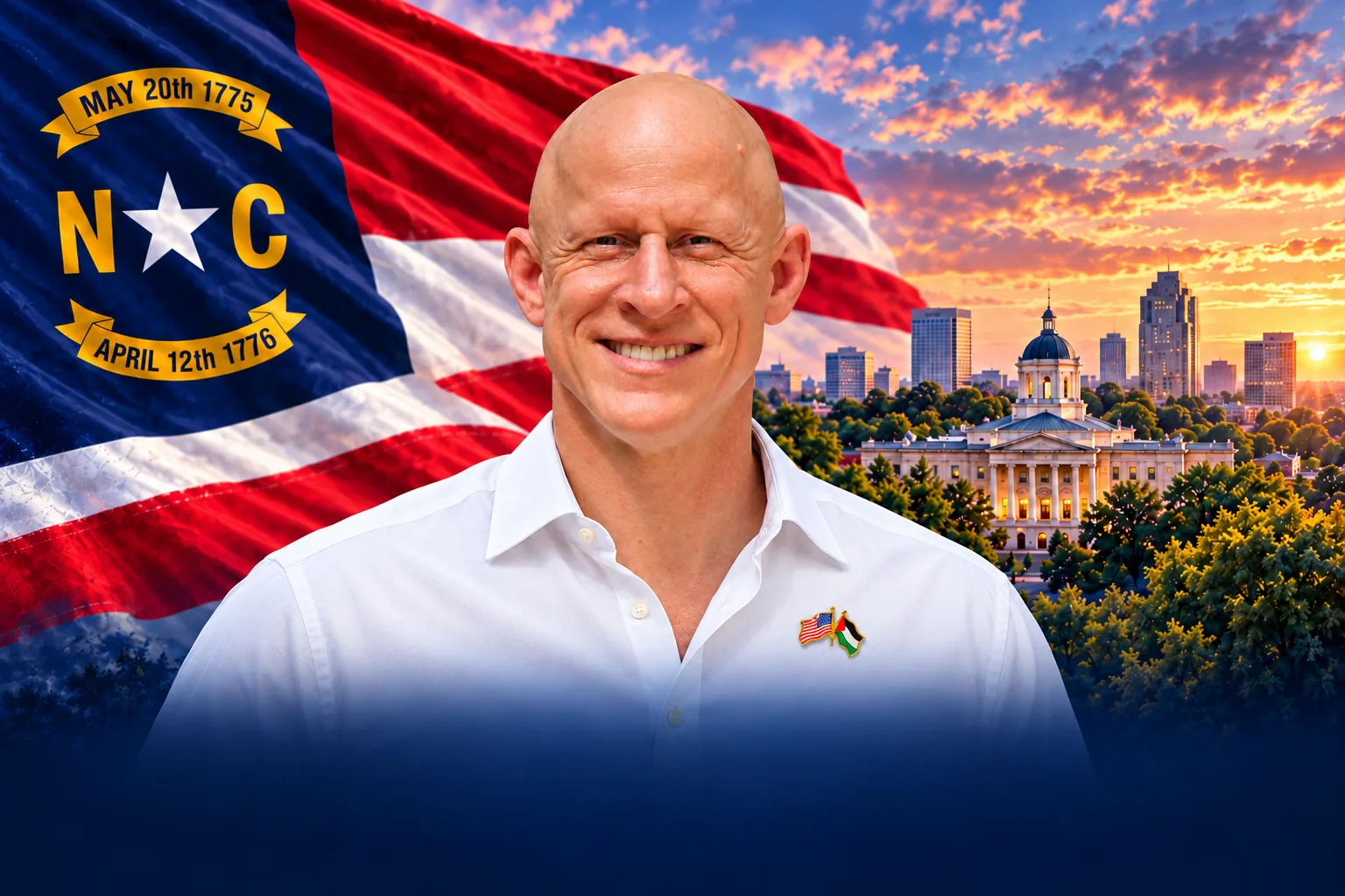 Brian McGinnis in front of the North Carolina flag and the State Capitol in Raleigh at sunset