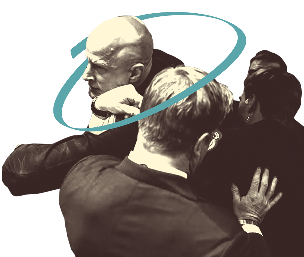 Black and white image of Brian McGinnis in a group of people with teal blue circle highlighting him