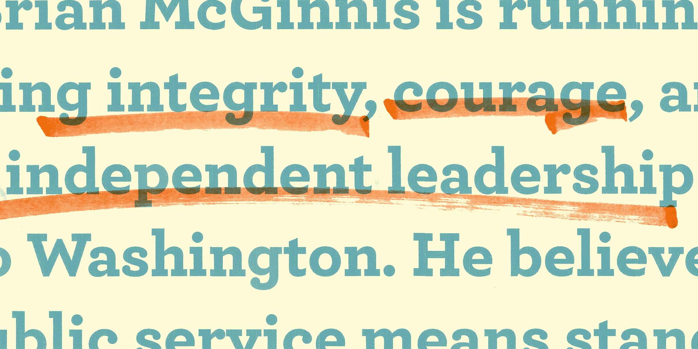 Text in blue on light yellow with integrity, courage and independent leadership underlined by hand
