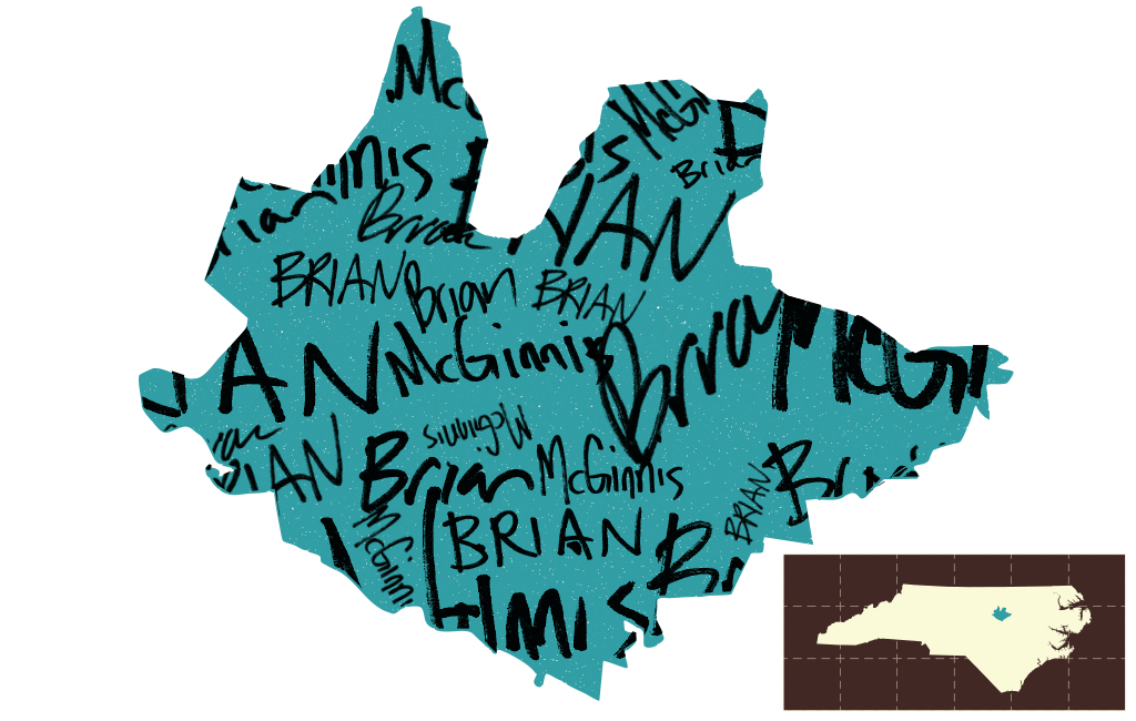 Teal blue image of North Carolina's District 2 with Brian McGinnis handwritten inside of it in dark brown